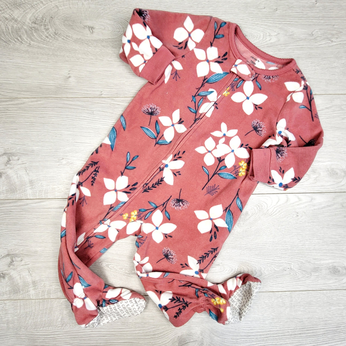 STML1 - Carters pink floral print zippered fleece sleeper. Size 18 months