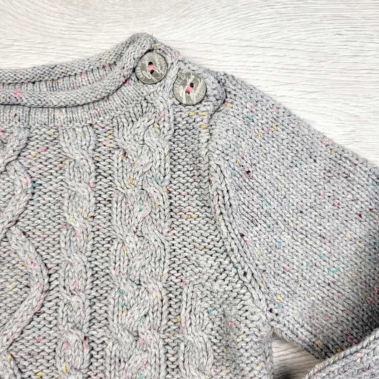 STML1 - L.O.G.G. grey speckled cable knit sweater. Size 18-24 months