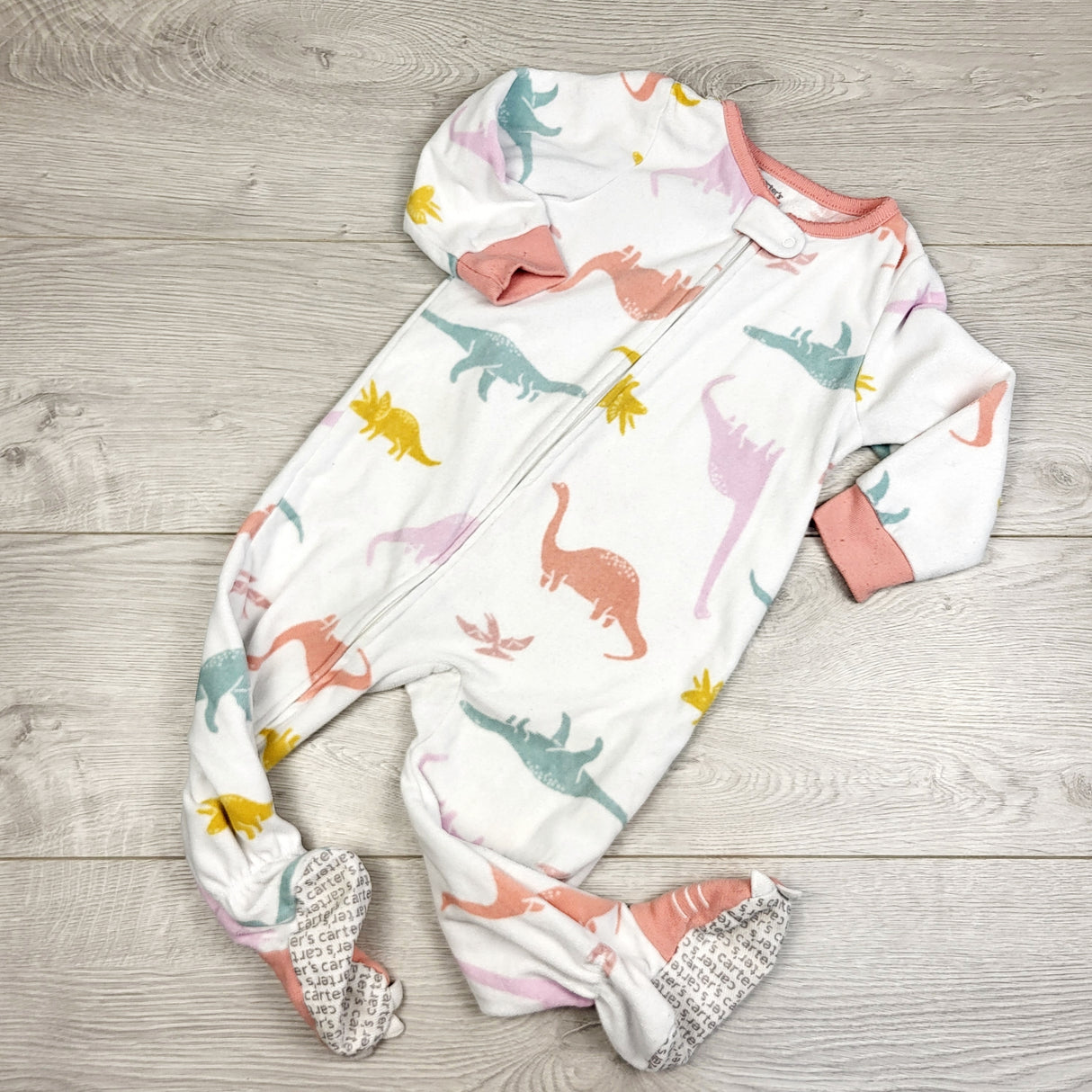 STML1 - Carters white zippered fleece sleeper with dinosaurs. Size 18 months