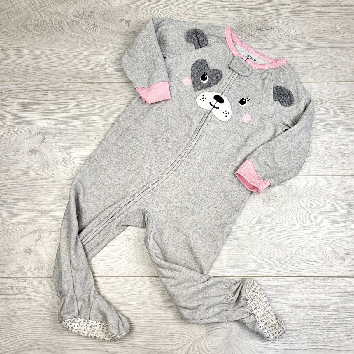 STML1 - Carters grey zippered fleece sleeper with bear. Size 18 months