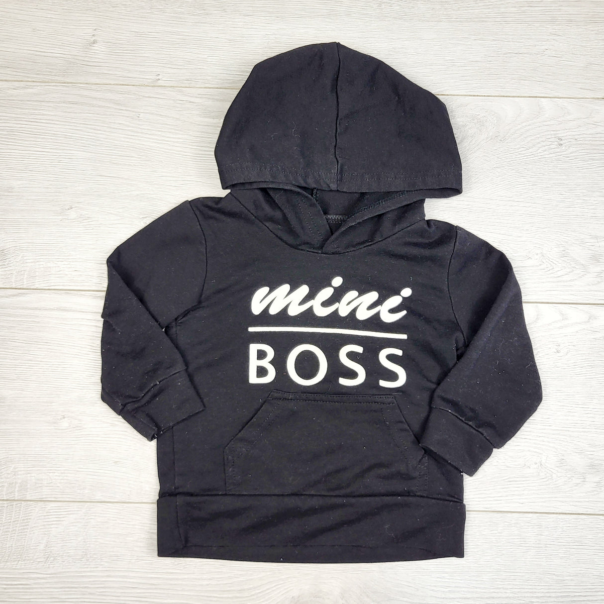 STML1 - Black hooded "Mini Boss" long sleeved shirt. size 6 months