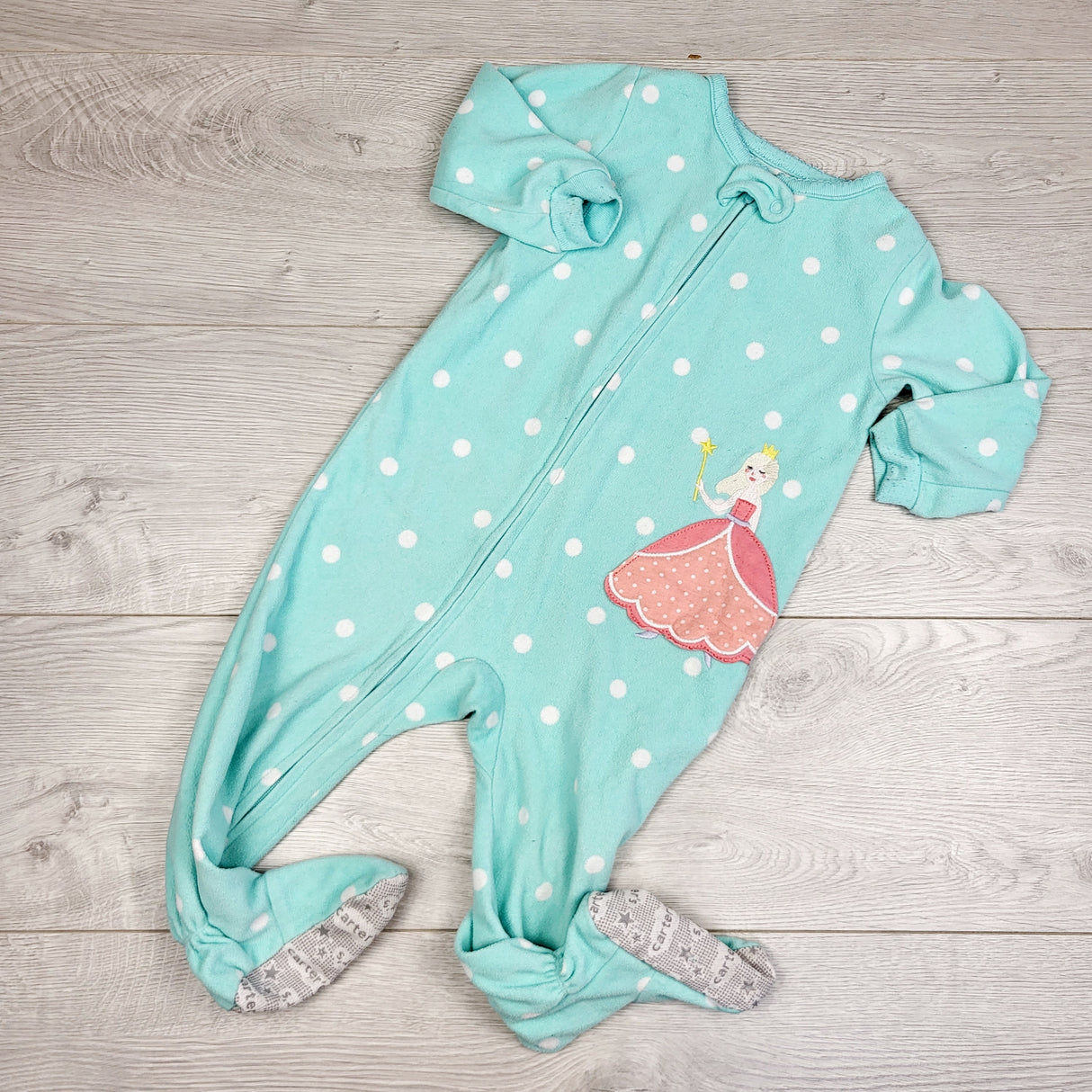 STML1 - Carters turquoise polka dot zippered fleece sleeper with fairy. Size 18 months