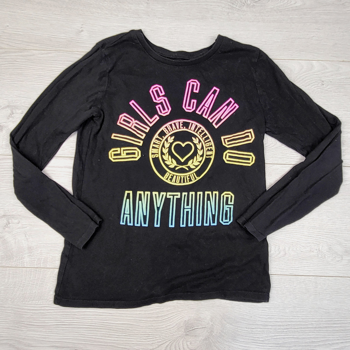 ESZ1- Children's Place black "Girls Can Do Anything" long sleeved top. Size 7/8