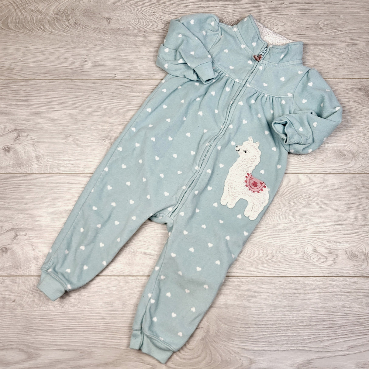 STML22 - Child of Mine blue-green polka dot fleece romper with llama. Size 18 months