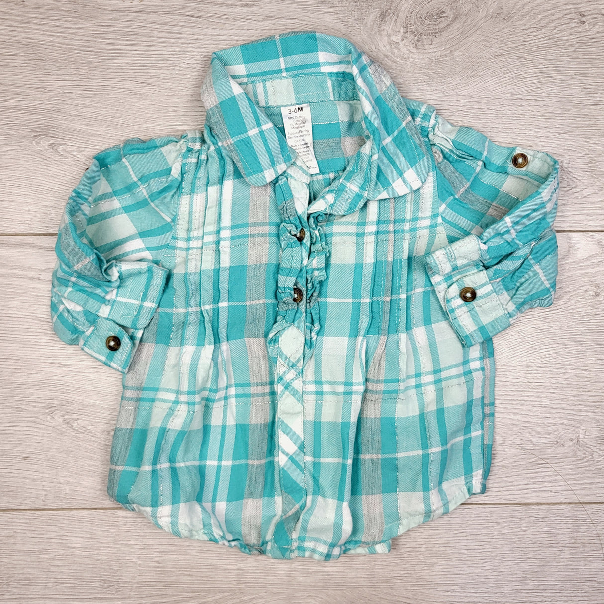 STML22 - George turquoise plaid button down top. Size 3-6 months