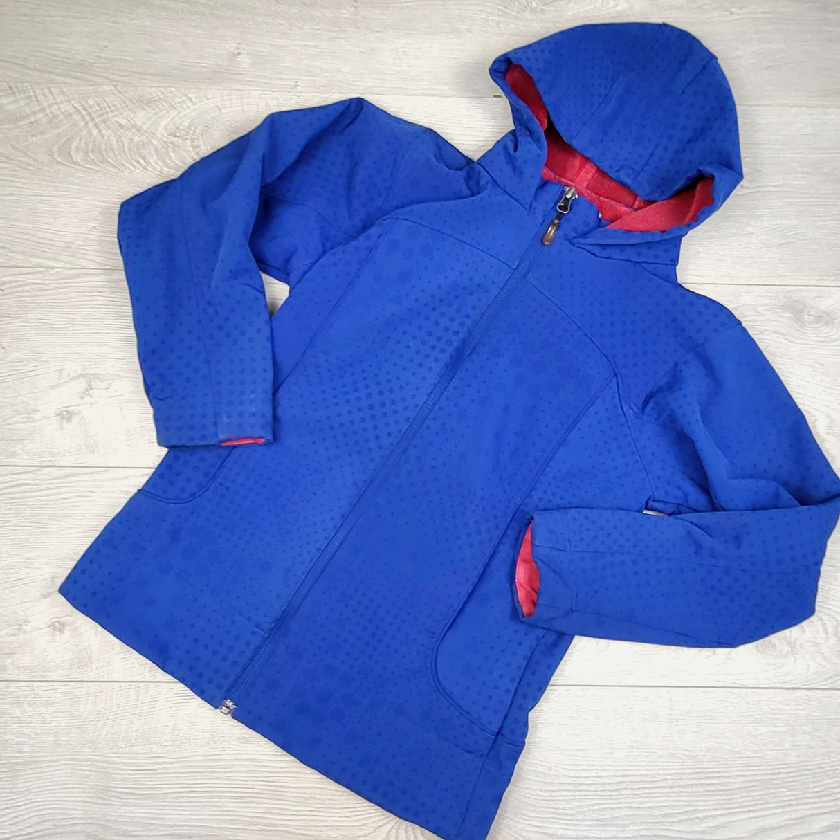 JUDM5 - Marika blue and pink minky lined soft shell rain coat. Size 10/12