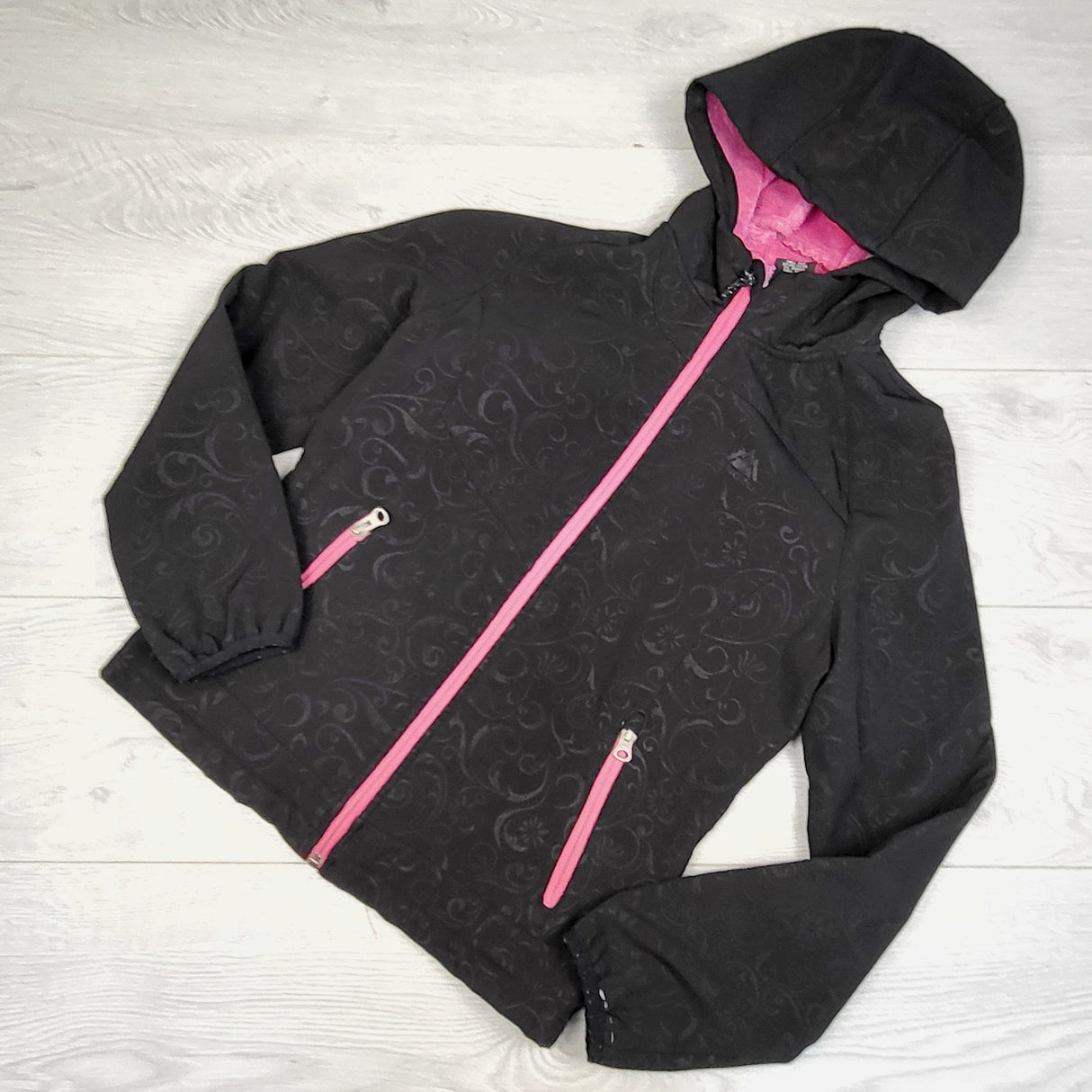 JUDM5 - Snozu black minky lined soft shell rain coat. Size 14/16