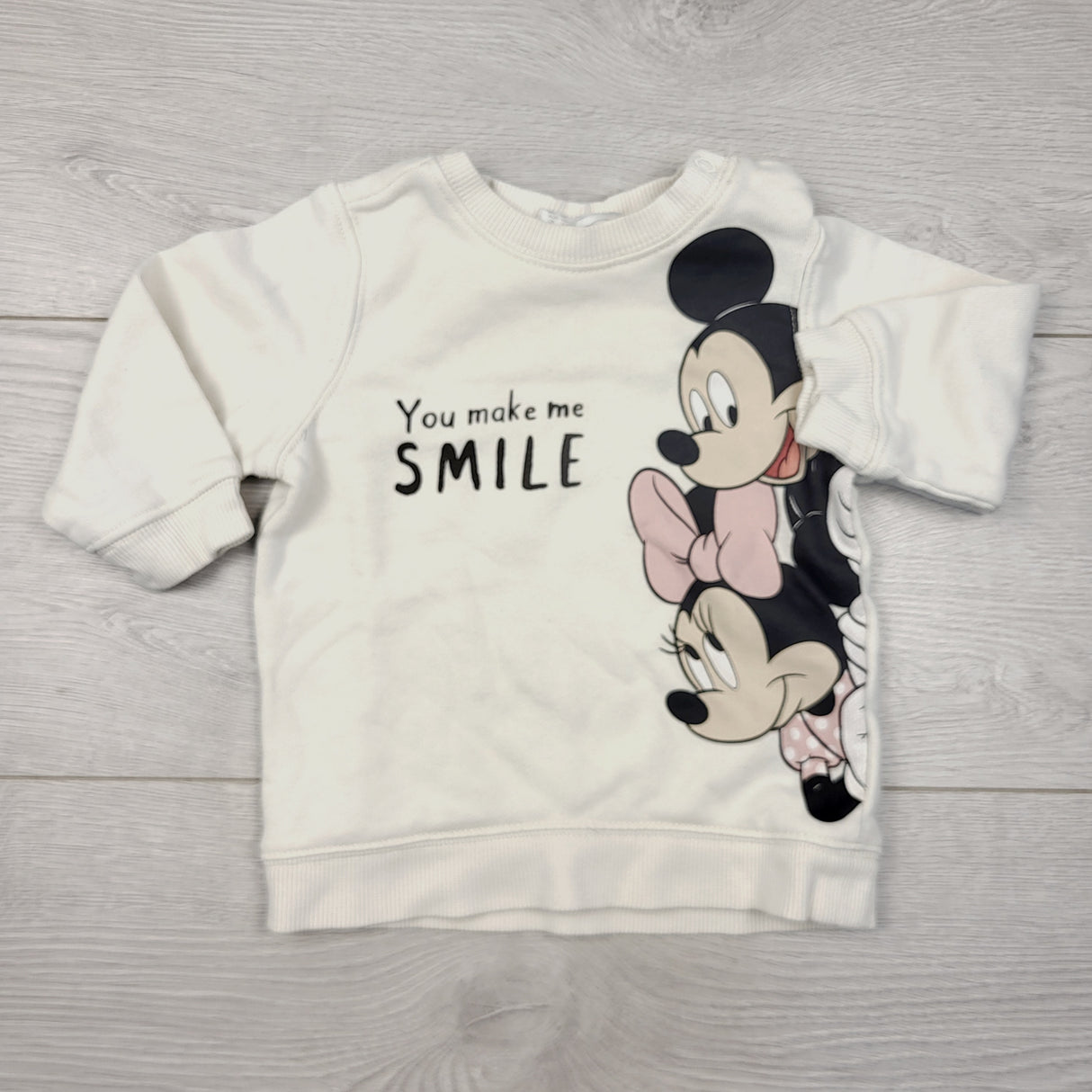 COHI2 - H and M white "You Make Me Smile" sweatshirt with Mickey and Minnie Mouse. Size 4-6 months