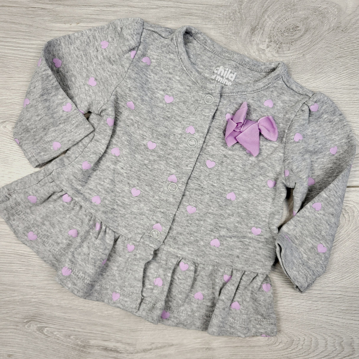 COHI2 - Child of Mine grey and purple snap button top with hearts. Size 0-3 months