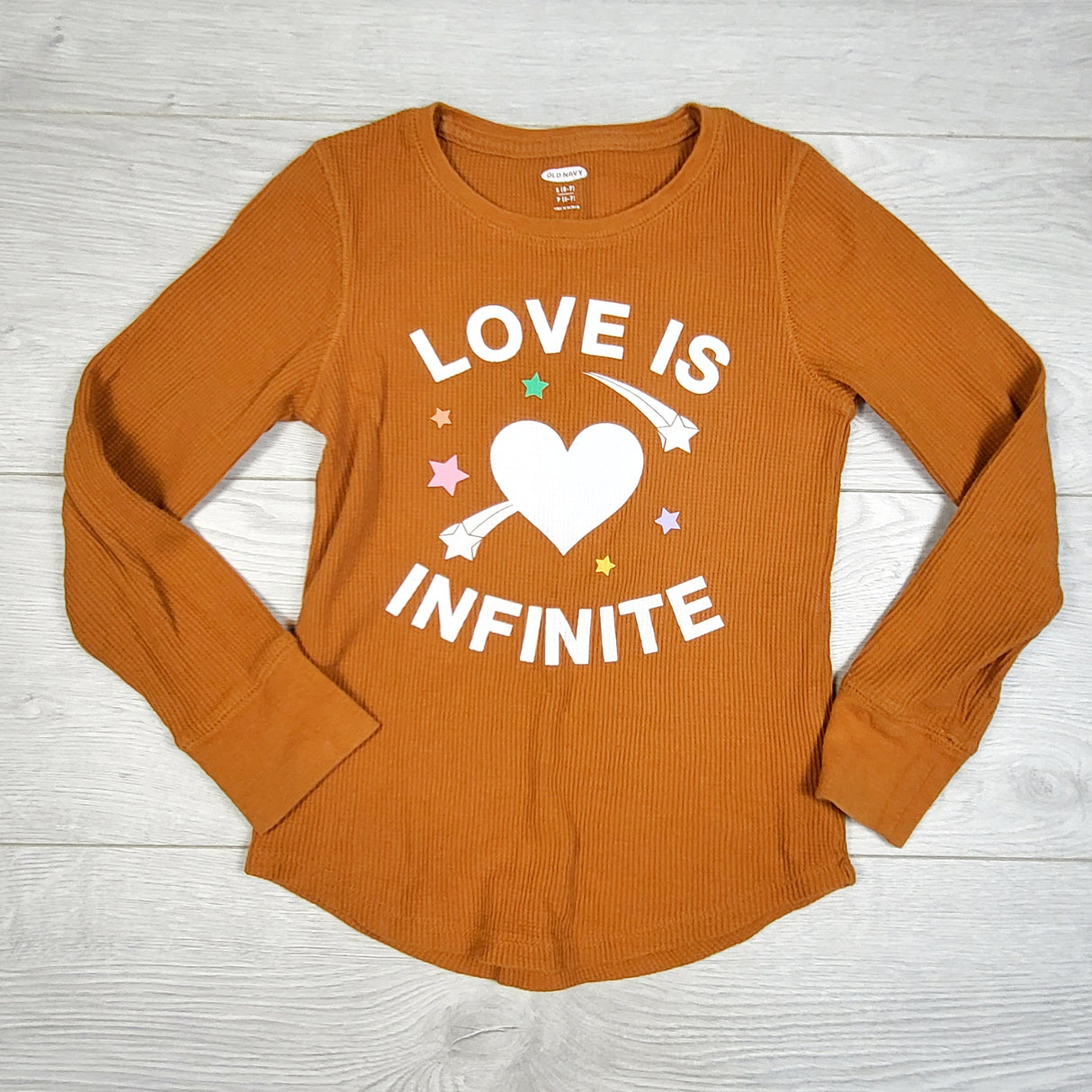 LESB1 - Old Navy waffle knit "Love is Infinite" top. Size 6/7