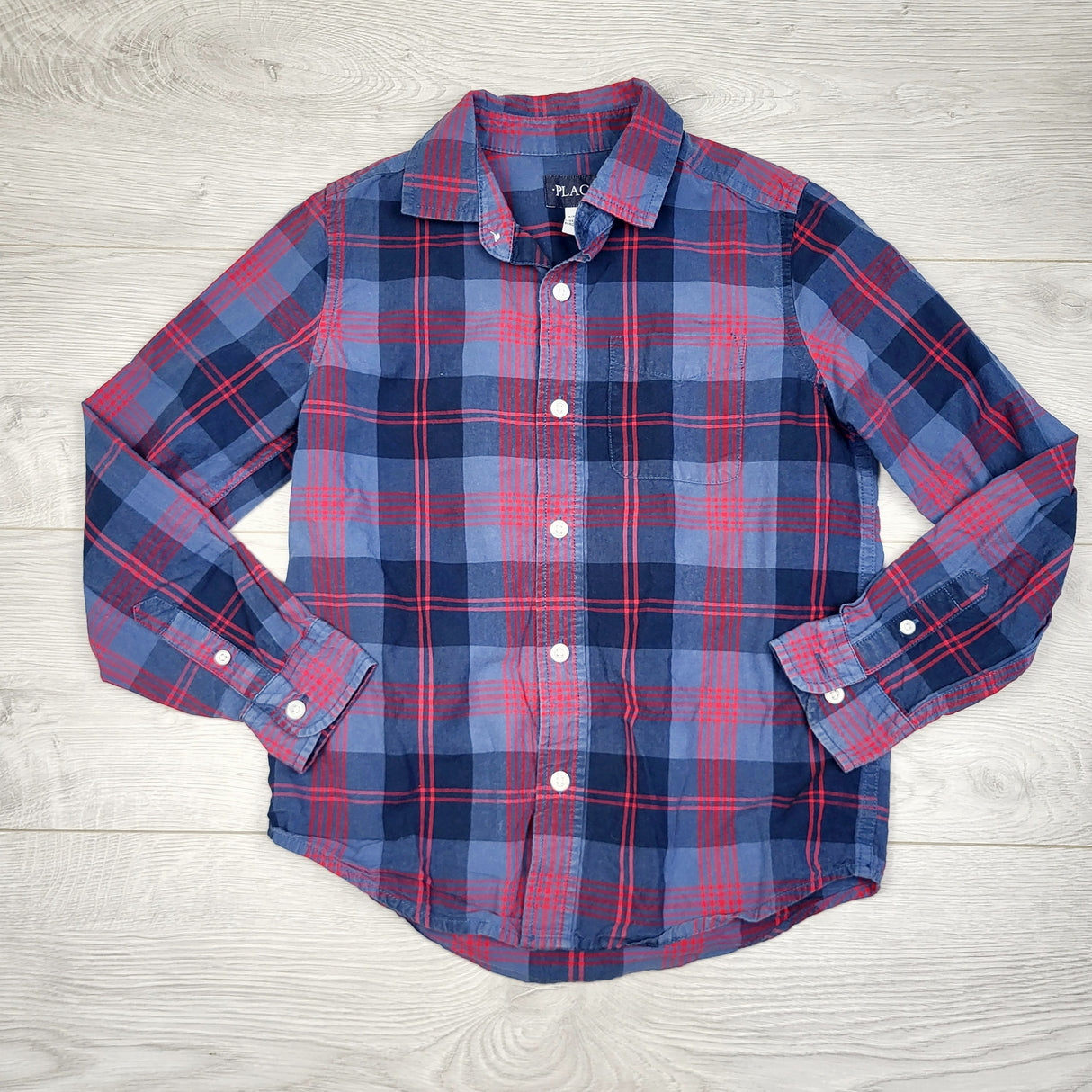 CBRD2 - Children's Place blue and red plaid button down shirt. Size 7/8