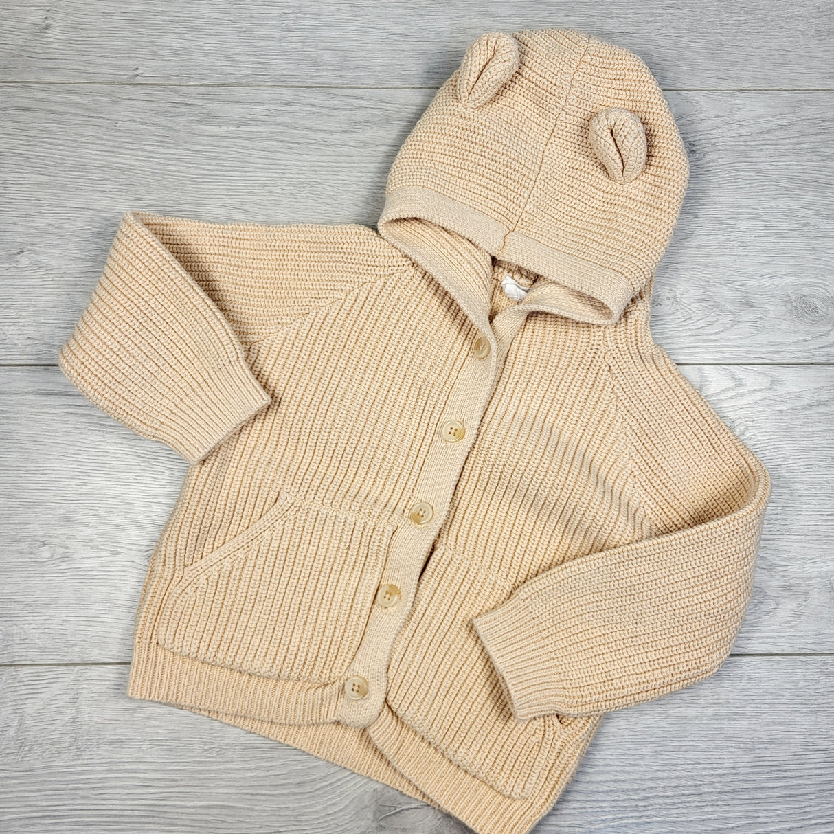 GEND1 - Jamie Kay peach coloured bear knit hooded cardigan sweater. Size 3T