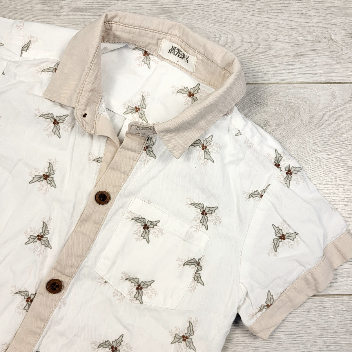 GEND1 - Bencer and Hazelnut button down shirt with holly. Size 2T
