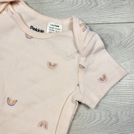BBIN1 - Pekkle pink bodysuit with rainbows. Size 9 months