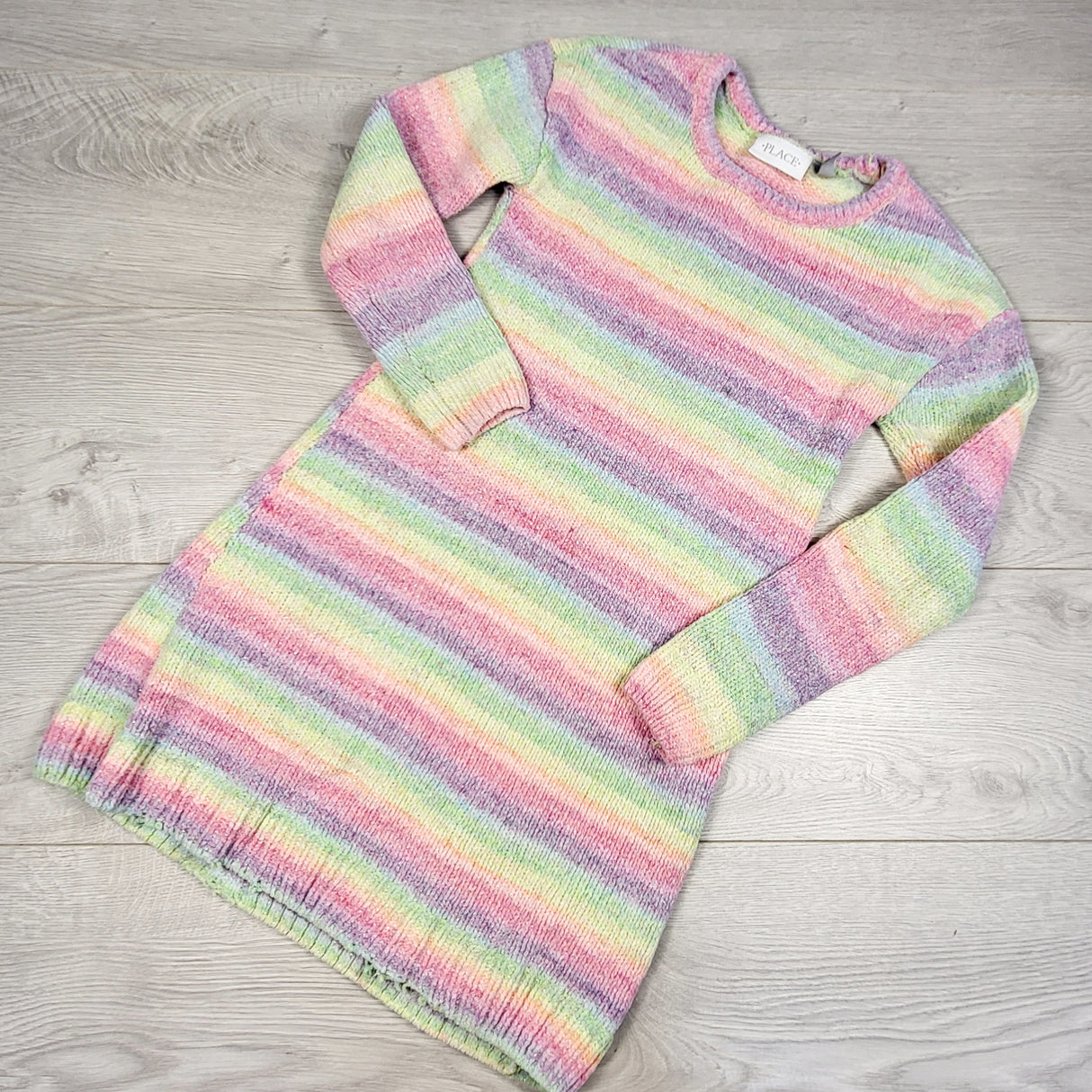 TBRG3 - Children's Place rainbow striped chenille sweater dress. Size 7/8