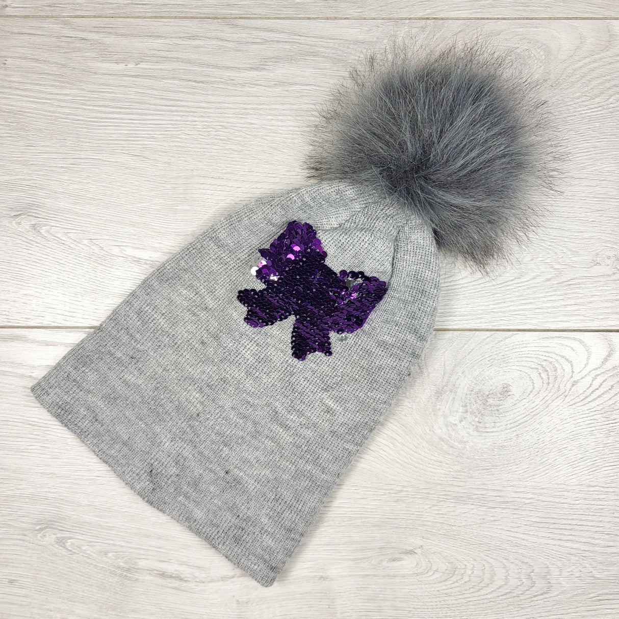 ESZ3 - Grey pom pom toque with flip sequins. Size 4-6X