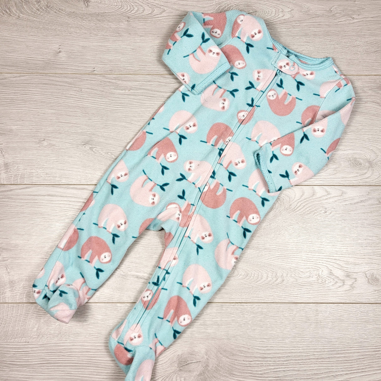 STHA1 - Carters blue zippered fleece sleeper with sloths. Size 9 months