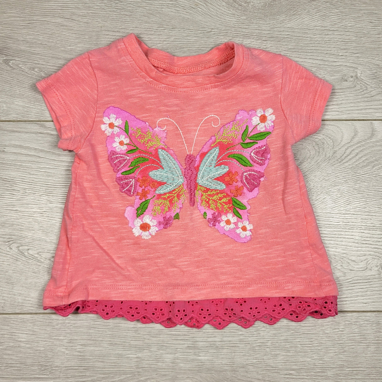 STHA1 - Hatley pink t-shirt with embroidered butterfly. Size 6-9 months 🍁