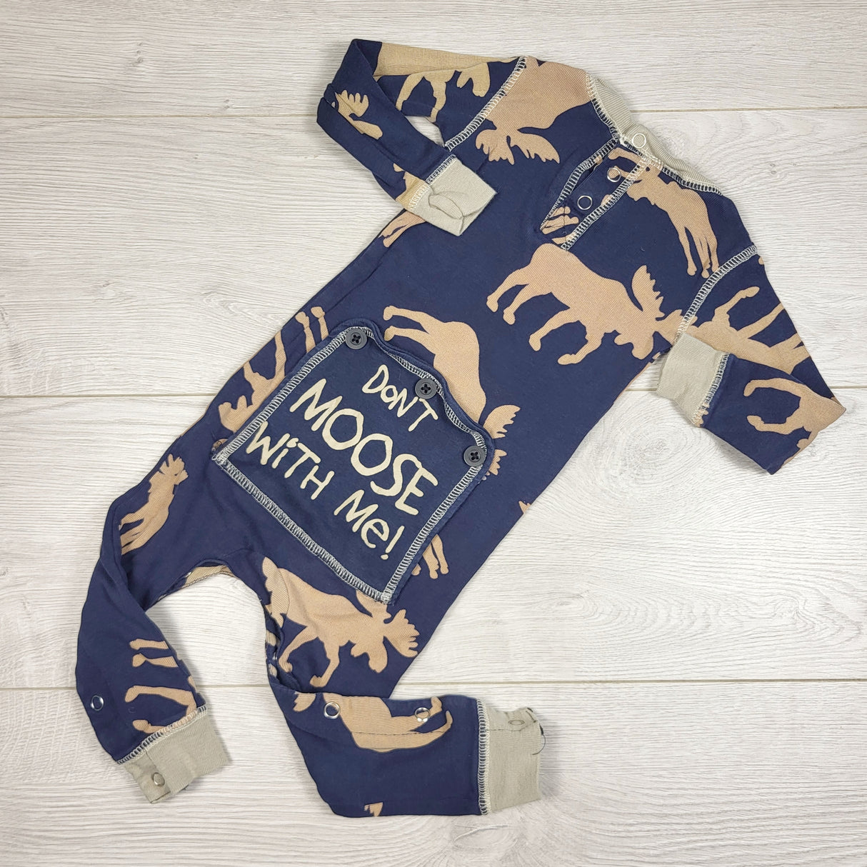 STHA1 - Lazy One navy "Don't Moose With Me" flapjack sleeper. Size 12 months 🍁