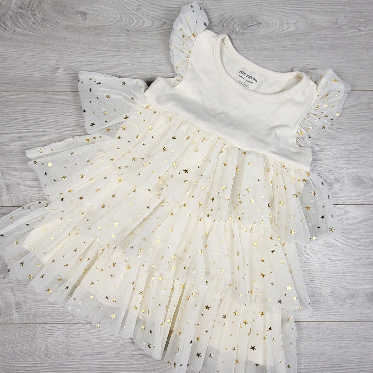 LKAN1 - Joe cream and gold tiered tulle dress with stars. Size 3T