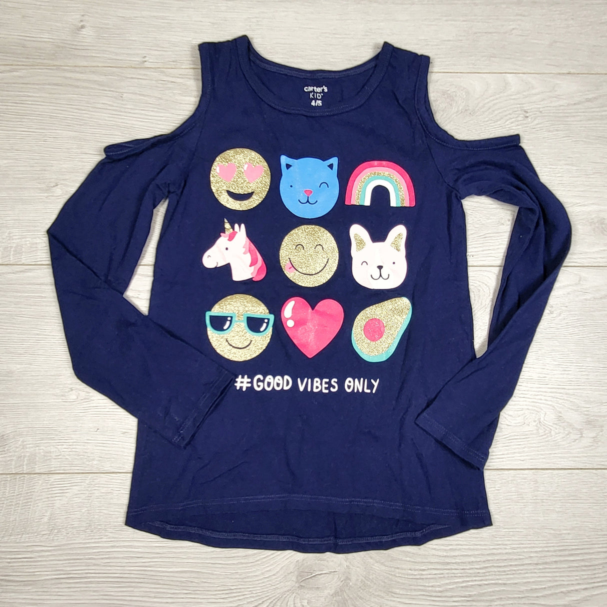 TSTB1 - Carters navy cold shoulder "Good Vibes Only" top. Size 4/5T