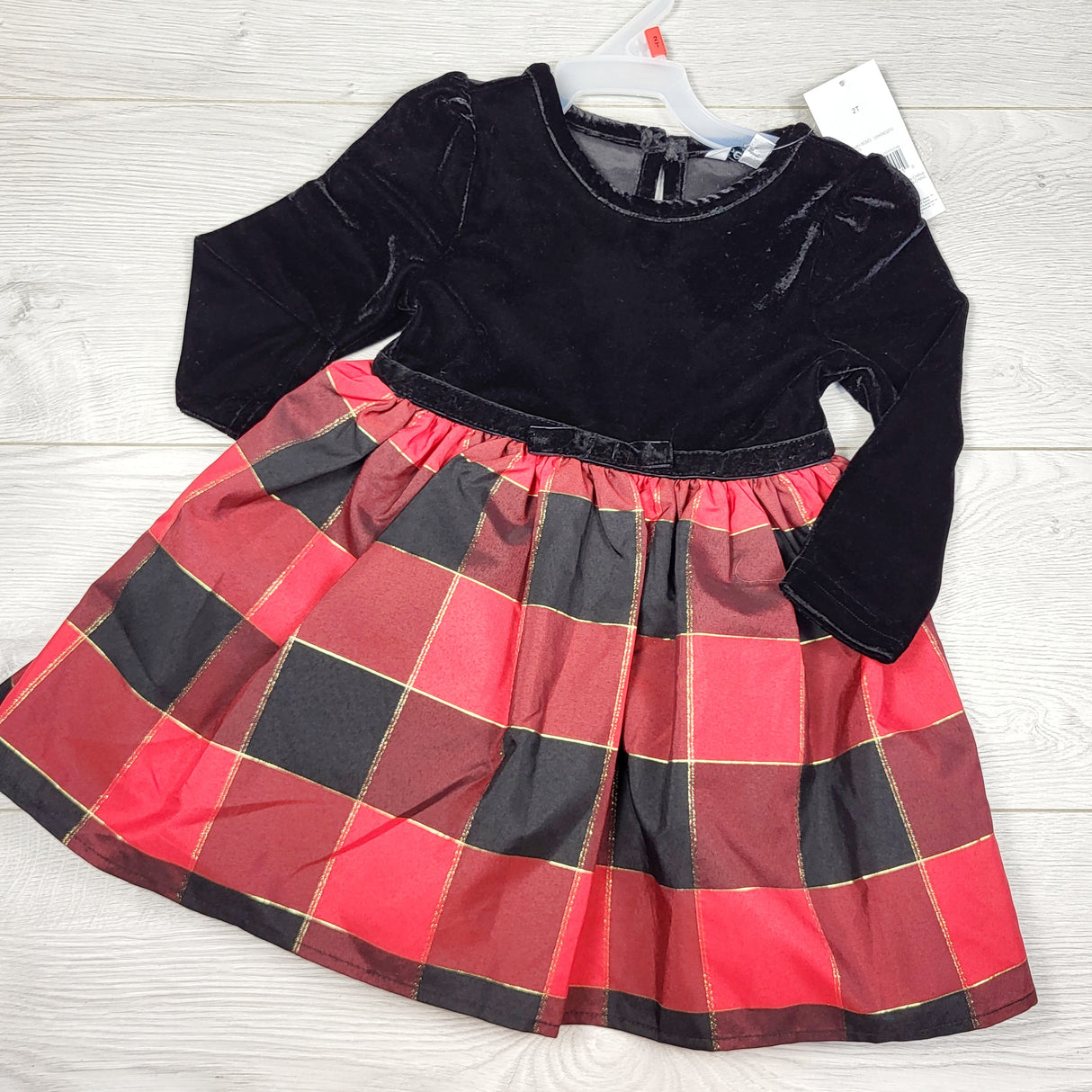 TSTB2 - NEW - George black velvet dress with plaid skirting. Size 2T
