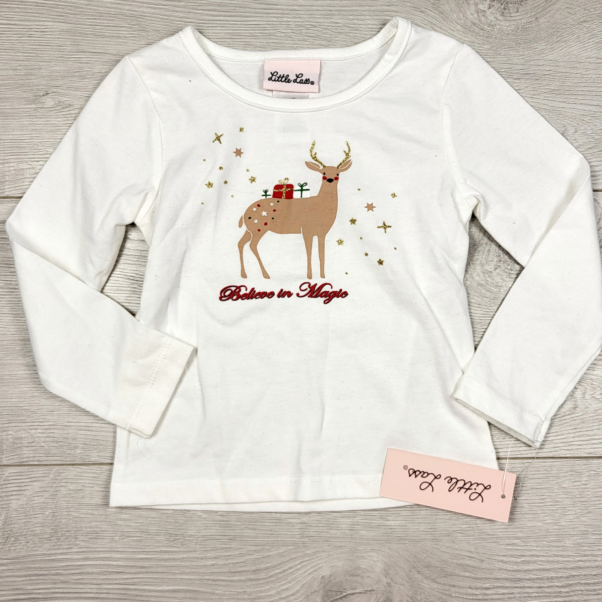 TSTB2 - NEW - Little Lass white top with reindeer. Size 2T