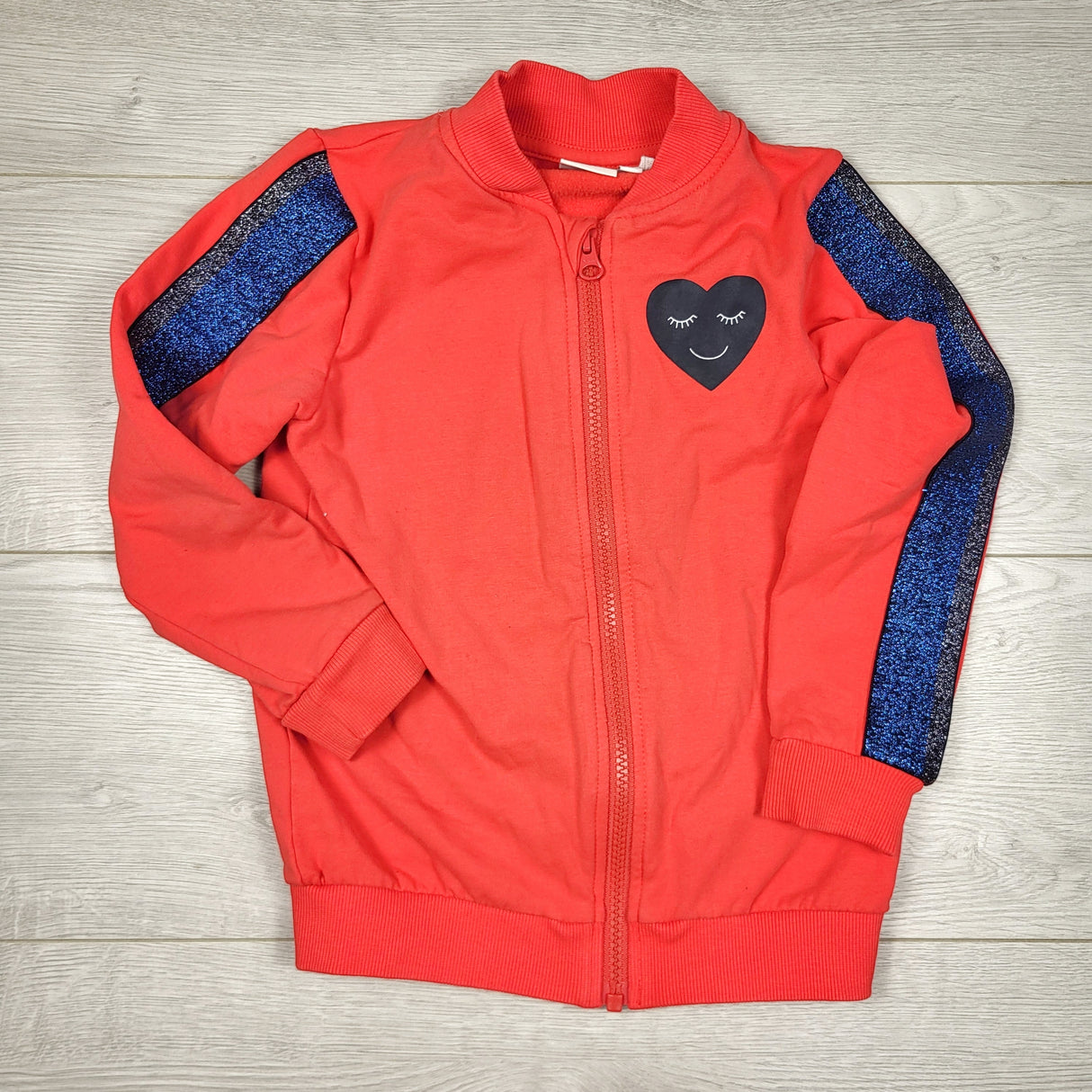 TSTB2 - Name It red zip up cotton jacket with glitter side stripes. Size 5T
