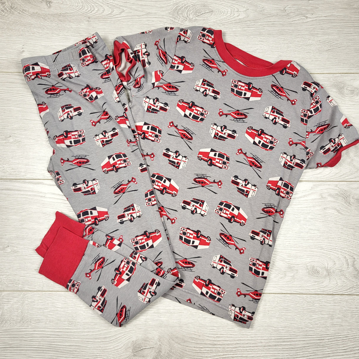 TGSS1 - Kirkland grey 2pc cotton PJs with fire trucks. Size 7