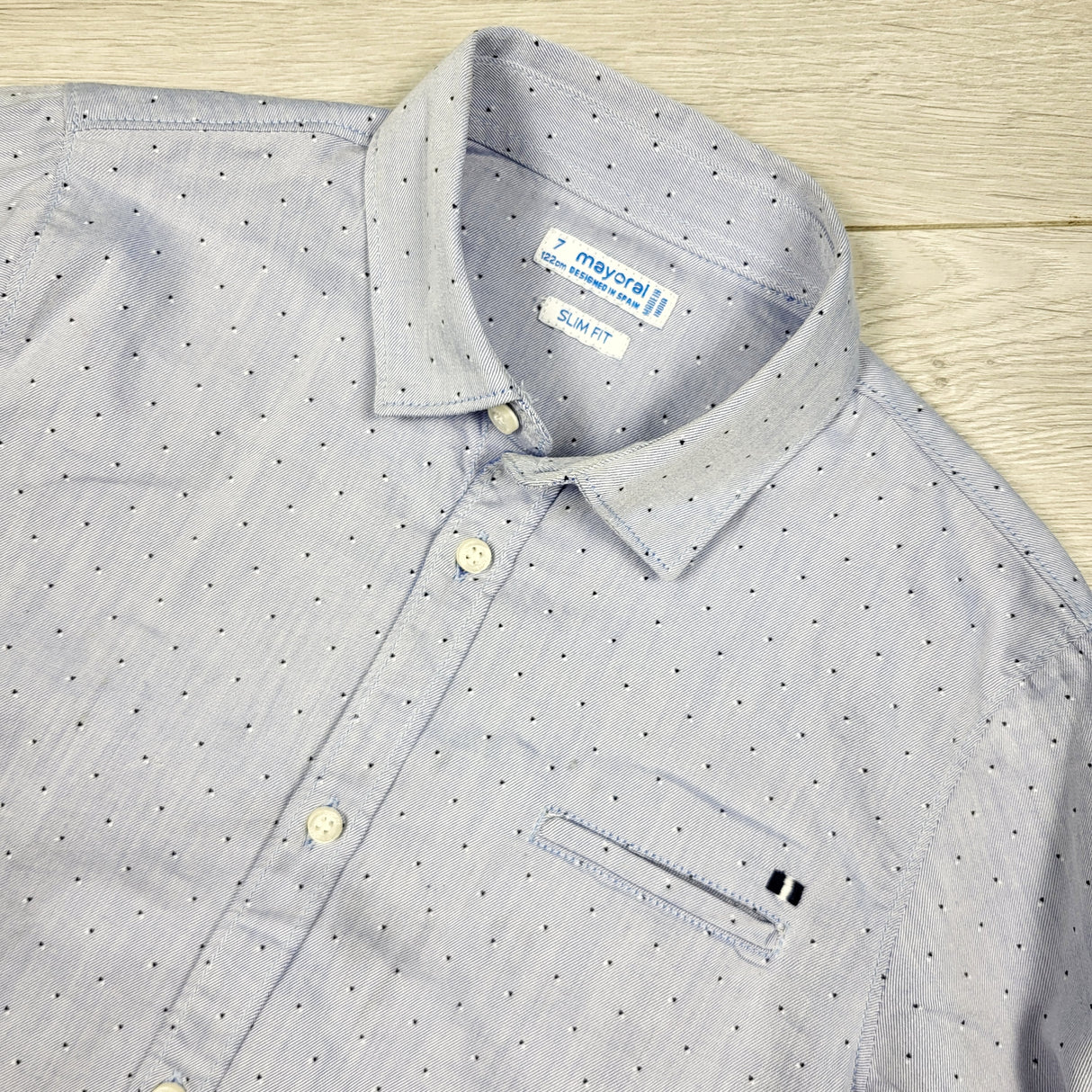 TGSS1 - Mayoral blue dotted button down shirt. Size 7