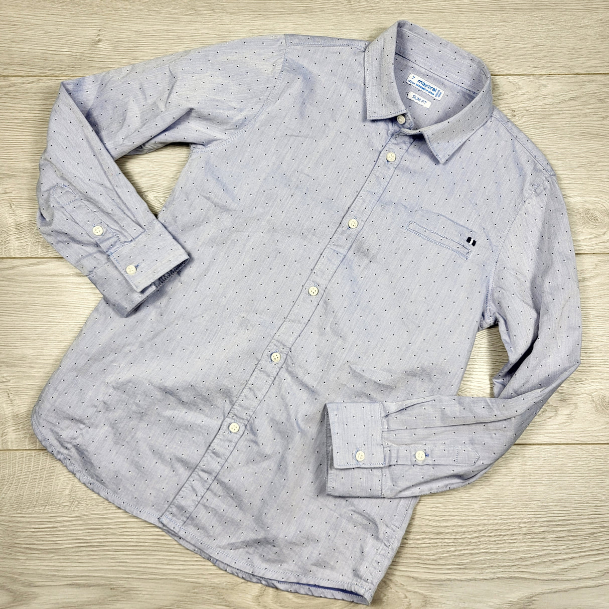 TGSS1 - Mayoral blue dotted button down shirt. Size 7