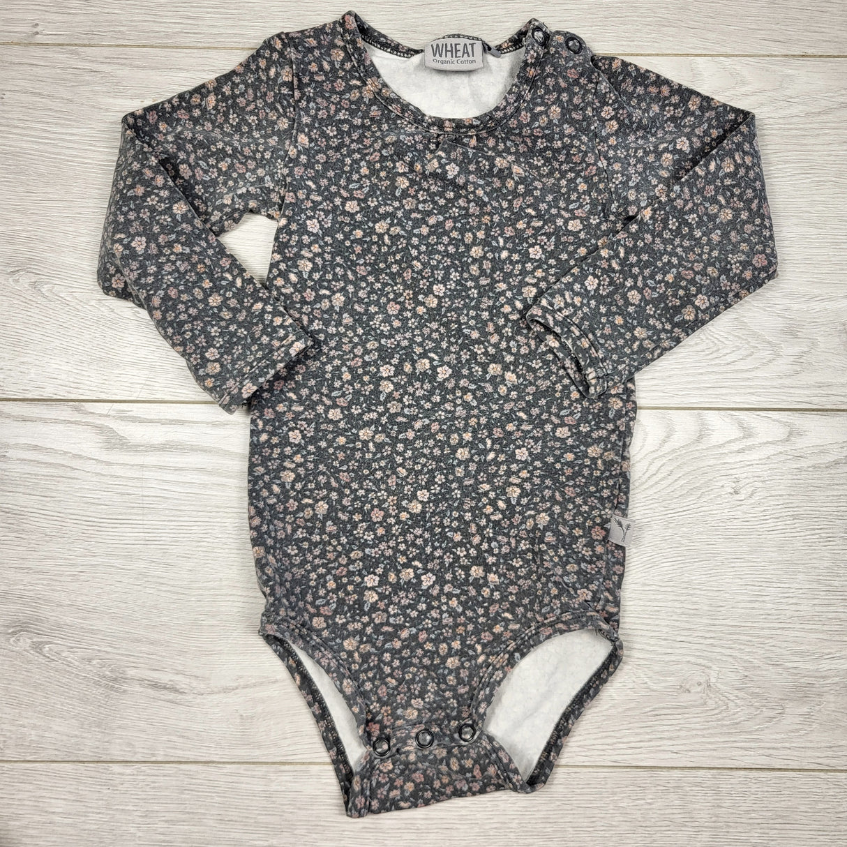 SAHU1 - Wheat Collection grey floral print bodysuit. Size 12 months