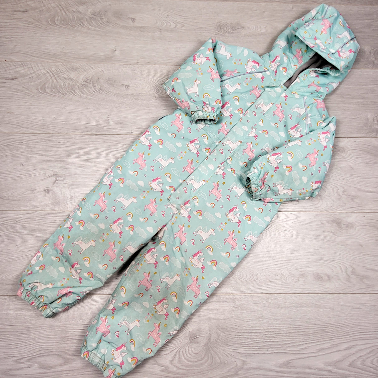 LKAN2 - Jan and Jul turquoise fleece lined rainsuit with unicorns. Size 2T WELL LOVED 🍁