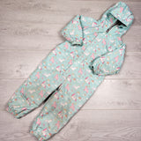 LKAN2 - Jan and Jul turquoise fleece lined rainsuit with unicorns. Size 2T WELL LOVED 🍁