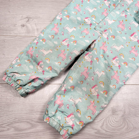 LKAN2 - Jan and Jul turquoise fleece lined rainsuit with unicorns. Size 2T WELL LOVED 🍁
