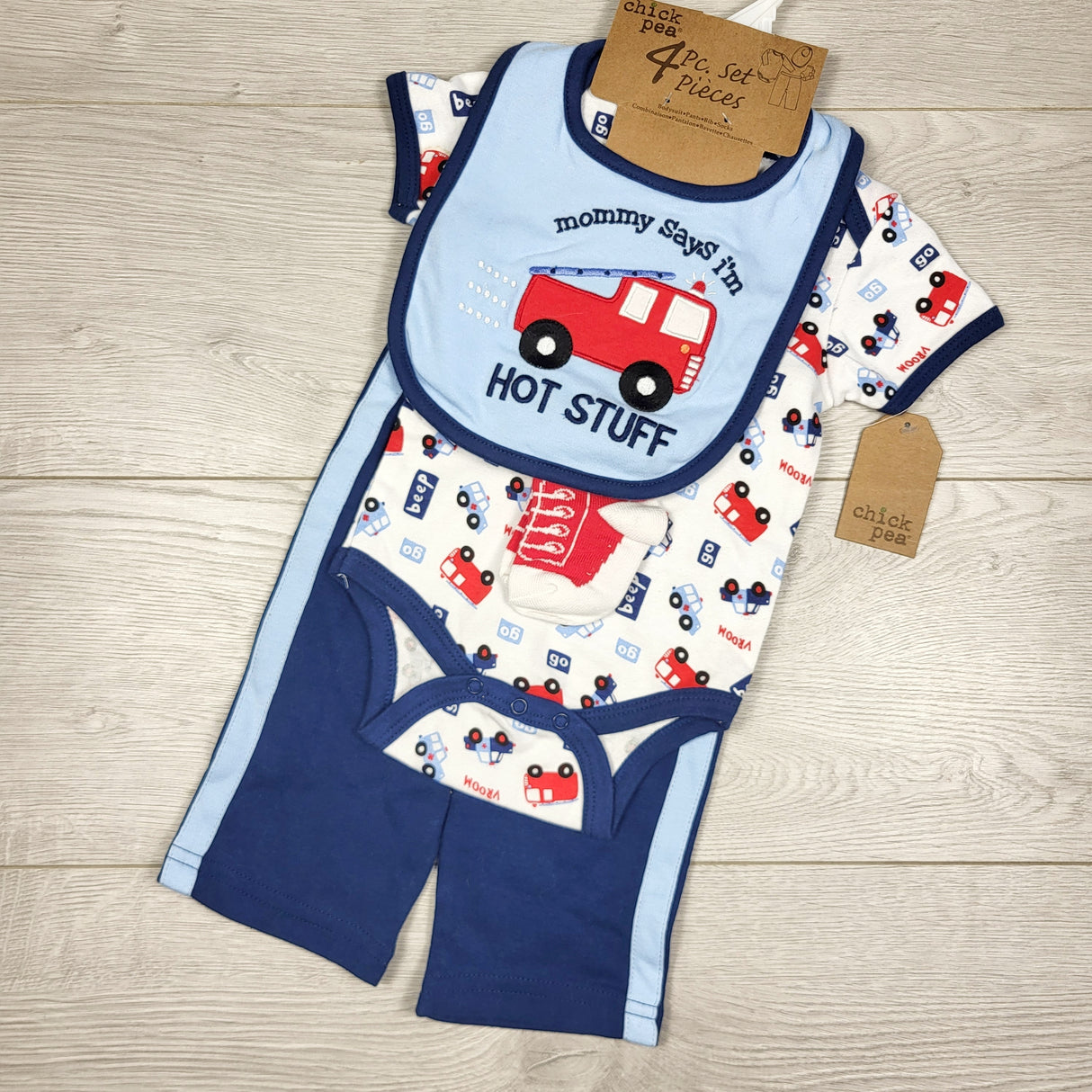 KAMG1 - NEW - Chick Pea 4pc set with fire trucks. Size 3-6 months