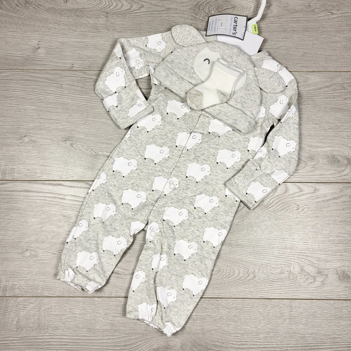 KAMG1 - NEW - Carters grey 3pc convertible sleep set with lambs. Size 3 months