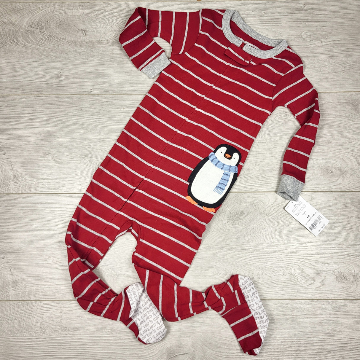 KAMG1 - NEW - Carters red striped zippered cotton sleeper with penguin. Size 18 months