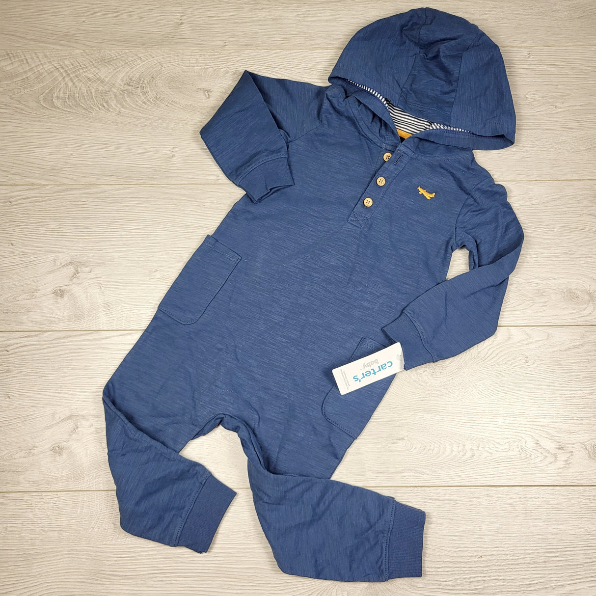 KAMG1 - NEW - Carters blue hooded romper. Size 24 months