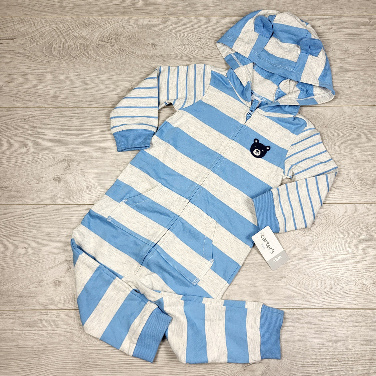 KAMG1 - NEW - Blue and grey striped hooded playsuit. Size 18 months