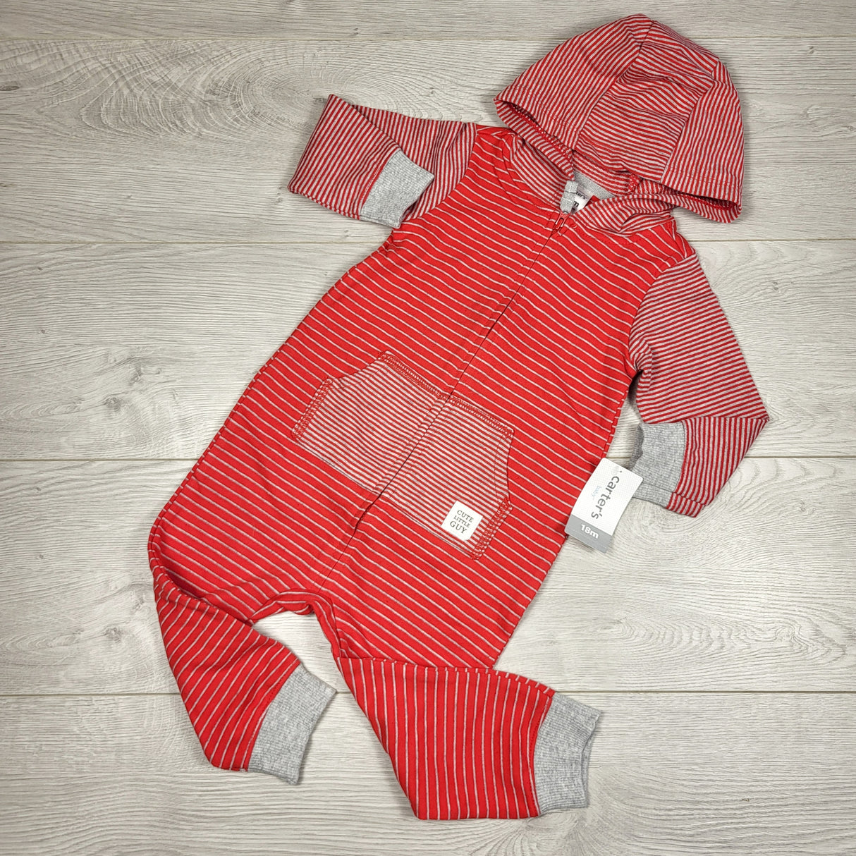 KAMG1 - NEW - Carters red striped hooded playsuit. Size 18 months