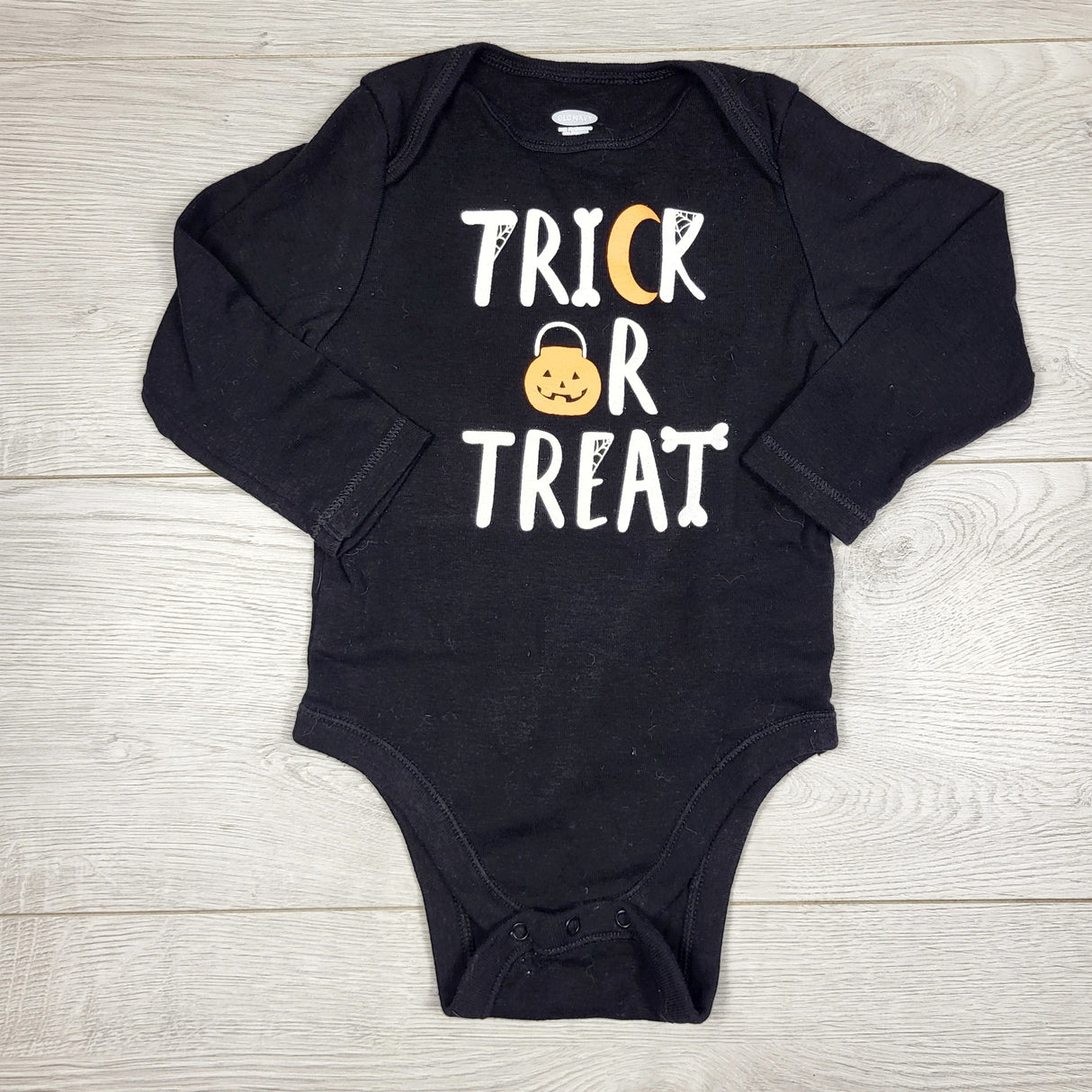 KAMG1 - Old Navy black "Trick or Treat" bodysuit. Size 12-18 months