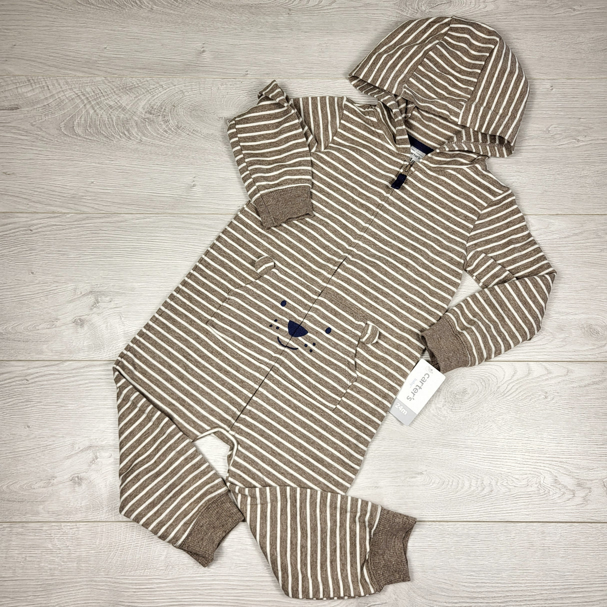 KAMG1 - NEW - Carters brown striped hooded playsuit with bear. Size 24 months