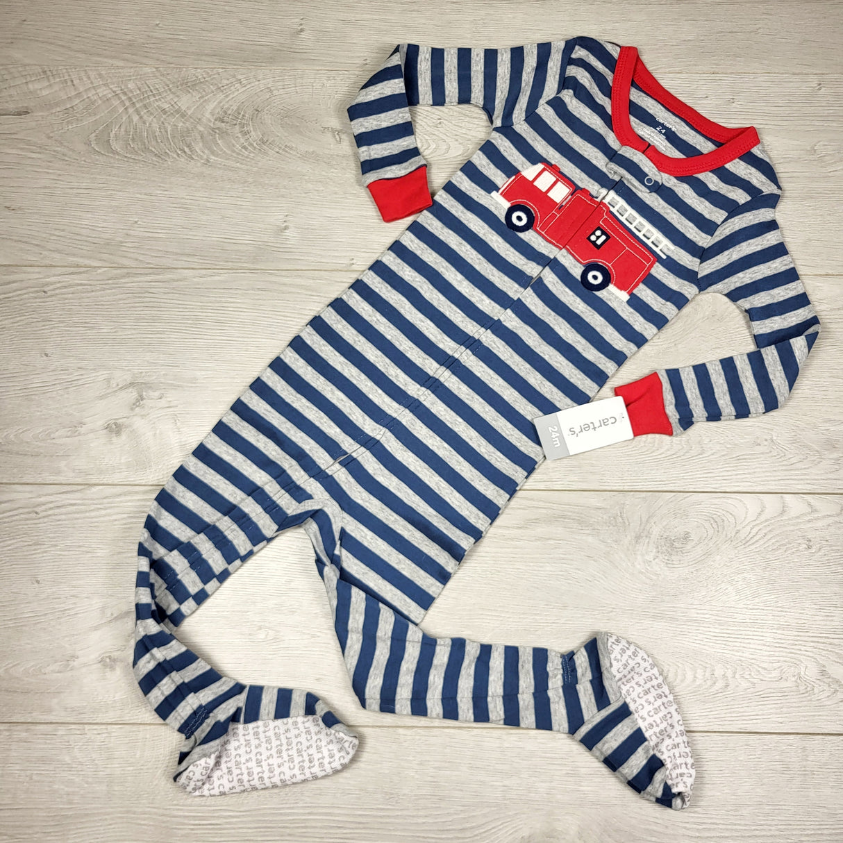 KAMG1 - NEW - Carters blue and grey striped zippered cotton sleeper with fire truck. Size 24 months