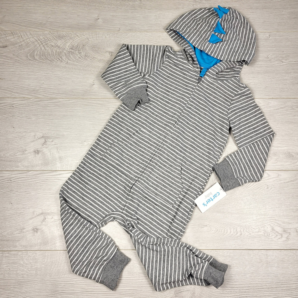 KAMG1 - NEW - Carters grey striped hooded playsuit with scales. Size 24 months
