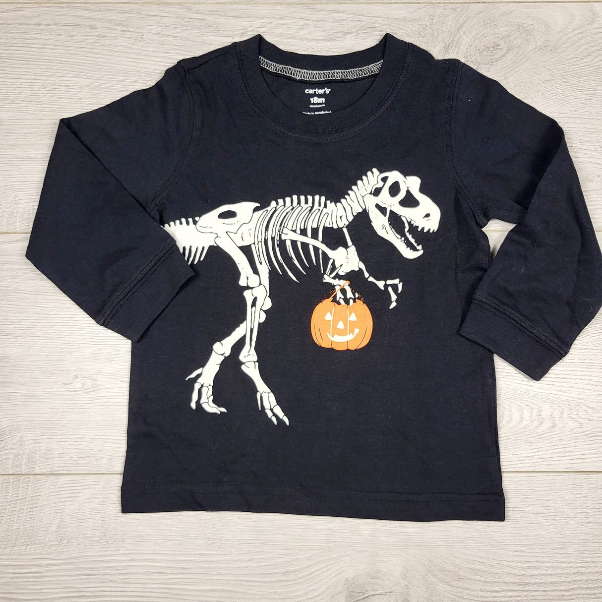 KAMG1 - Carters black Halloween shirt with T-Rex. Size 18 months