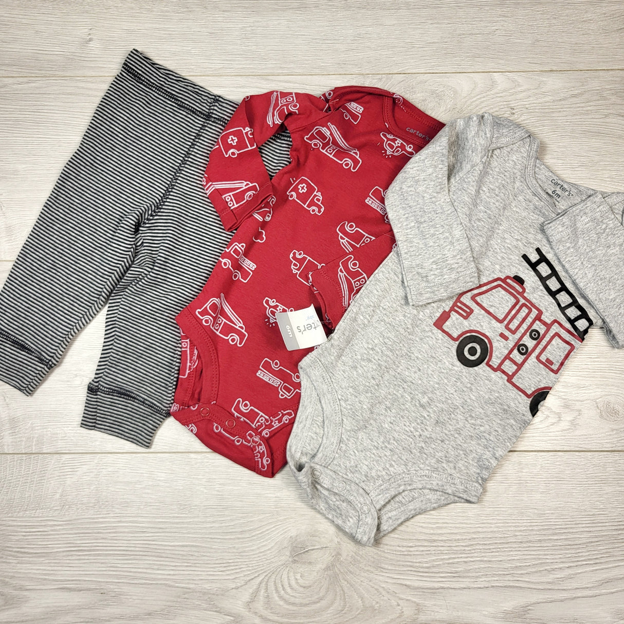 KAMG1 - NEW - Carters 3pc set with fire truck theme. Size 6 months