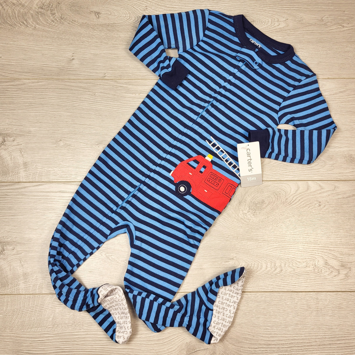 KAMG1 - NEW - Carteres blue striped zippered cotton sleeper with fire truck. Size 18 months