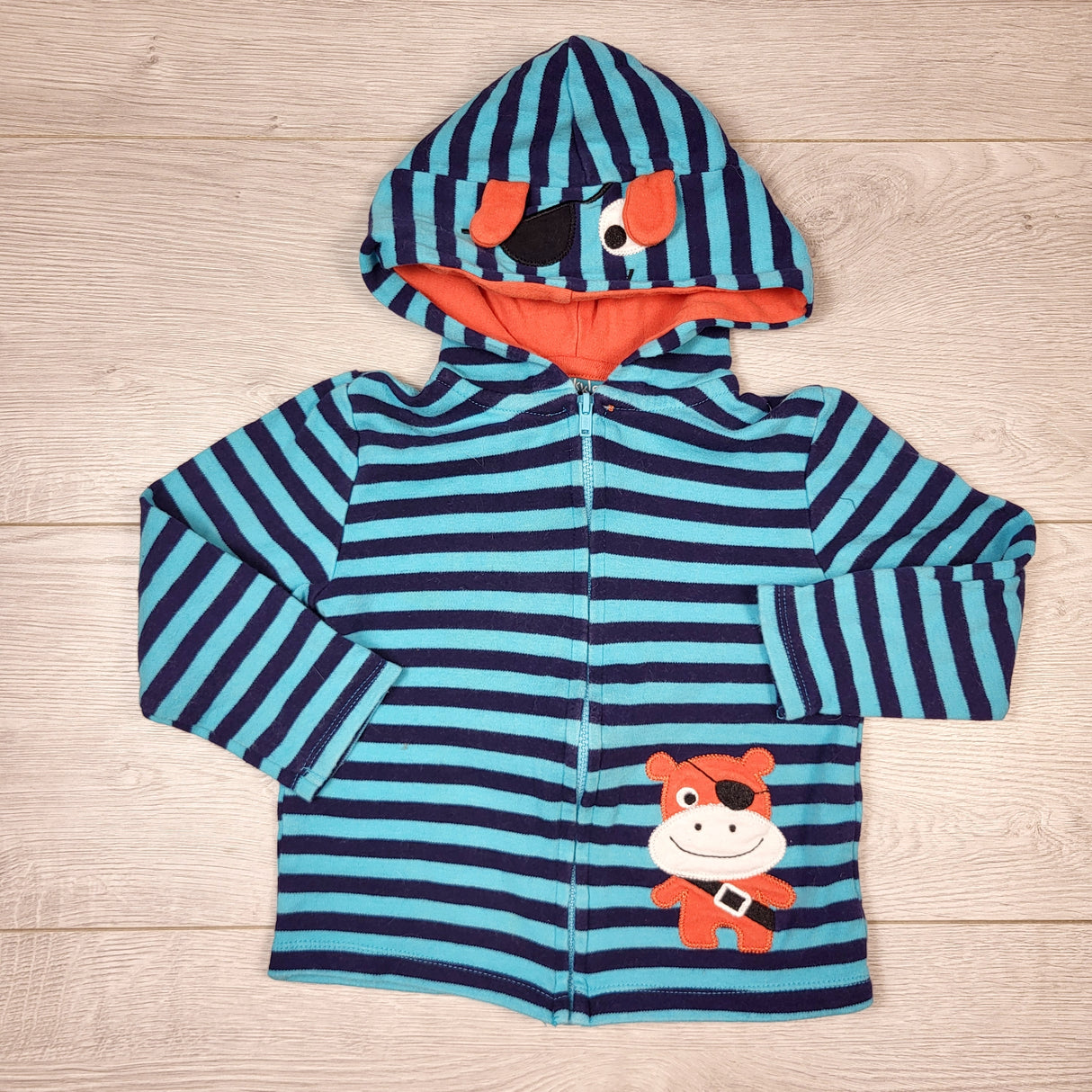 KAMG1 - Pekkle blue and navy striped zip up cotton hoodie with hippo. Size 24 months