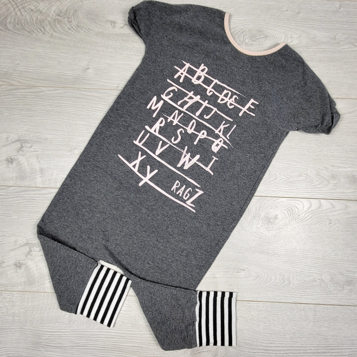 DMKY2 - Rags grey alphabet romper. Size 3/4T